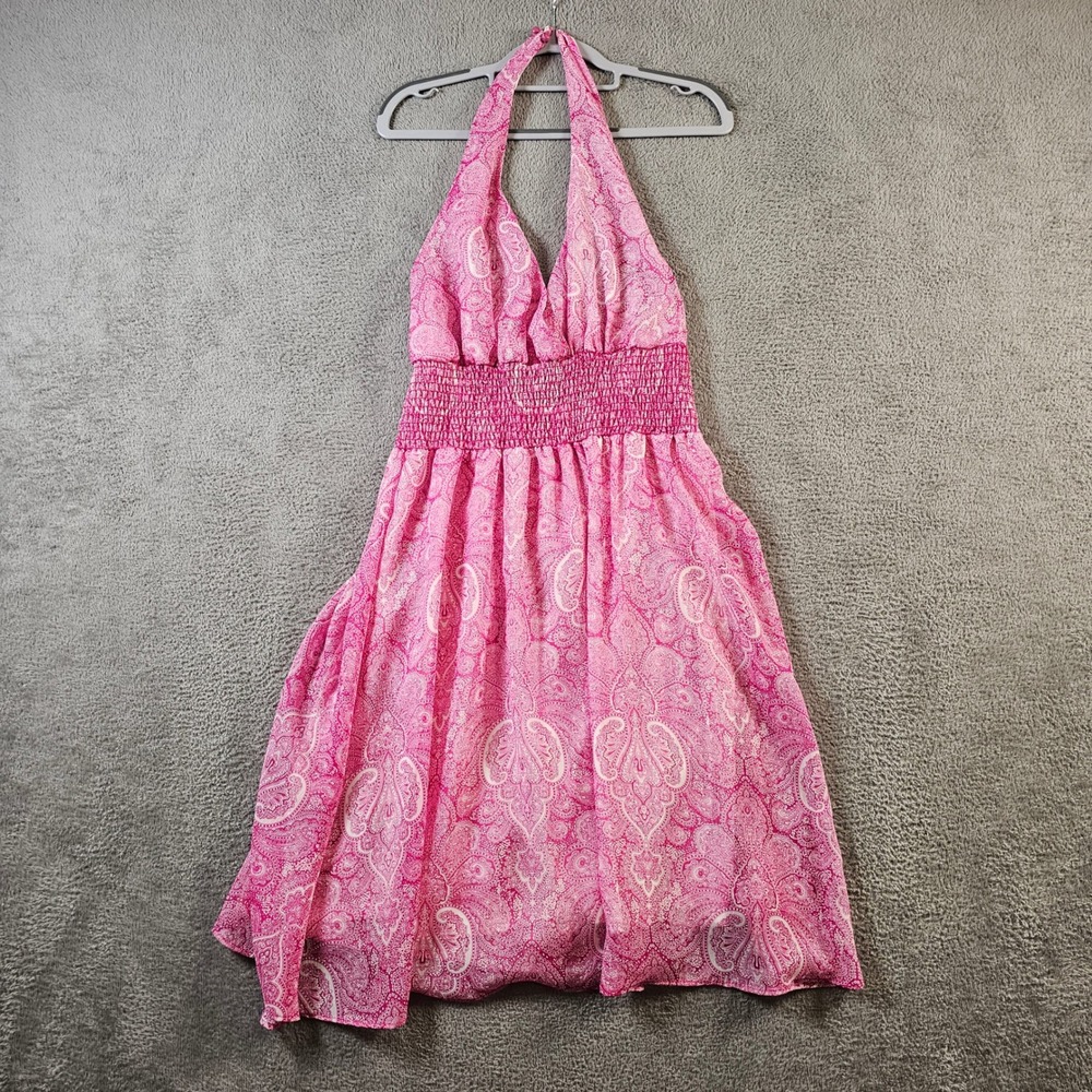 Ezra Pink Paisley Halter‎ Dress Smocked Waist Boho Summer Large Lined
